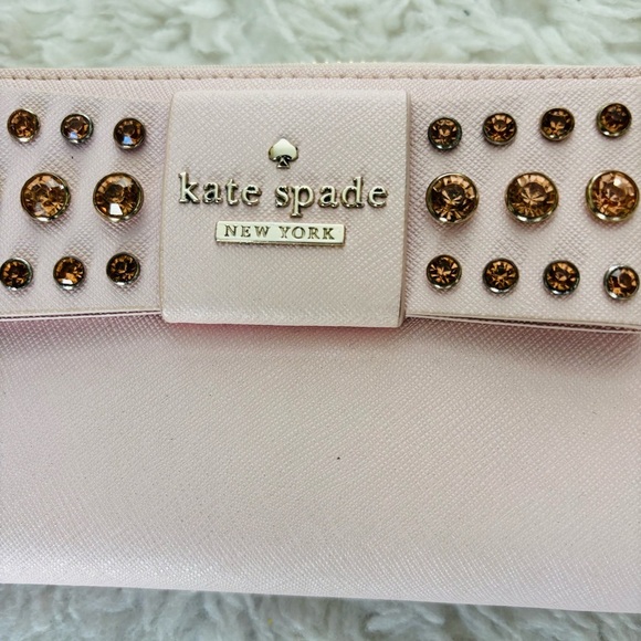 Kate Spade Pink Leather w/ Bow w/ Rhinestone zip around Long Wallet - Picture 14 of 16